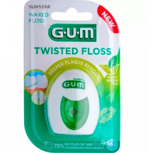 Gum 350  twisted floss - seda con cera (1 unidad 30 m sabor te verde y menta)