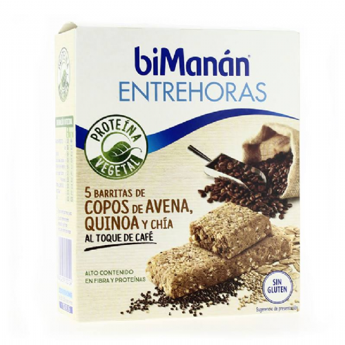 Bimanan entrehoras barritas - copos de avena, quinoa y chia al toque cafe (5 u)