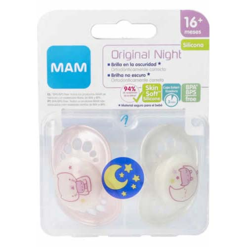 Chupete silicona fisiologico - mam original night (+ 16 meses 2 unidades color rosa)