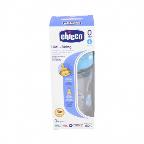 Biberon plastico pp t caucho - chicco fisiologico 0% bisfenol boca ancha flujo normal (150 ml azul)