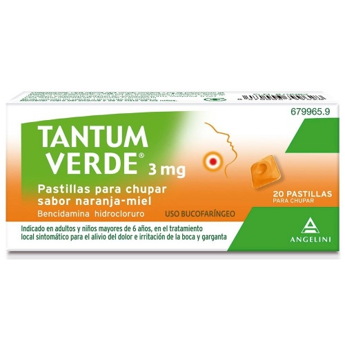 TANTUM VERDE 3 mg PASTILLAS PARA CHUPAR SABOR NARANJA-MIEL, 20 pastillas (Papel/PE/Al/Surlyn)